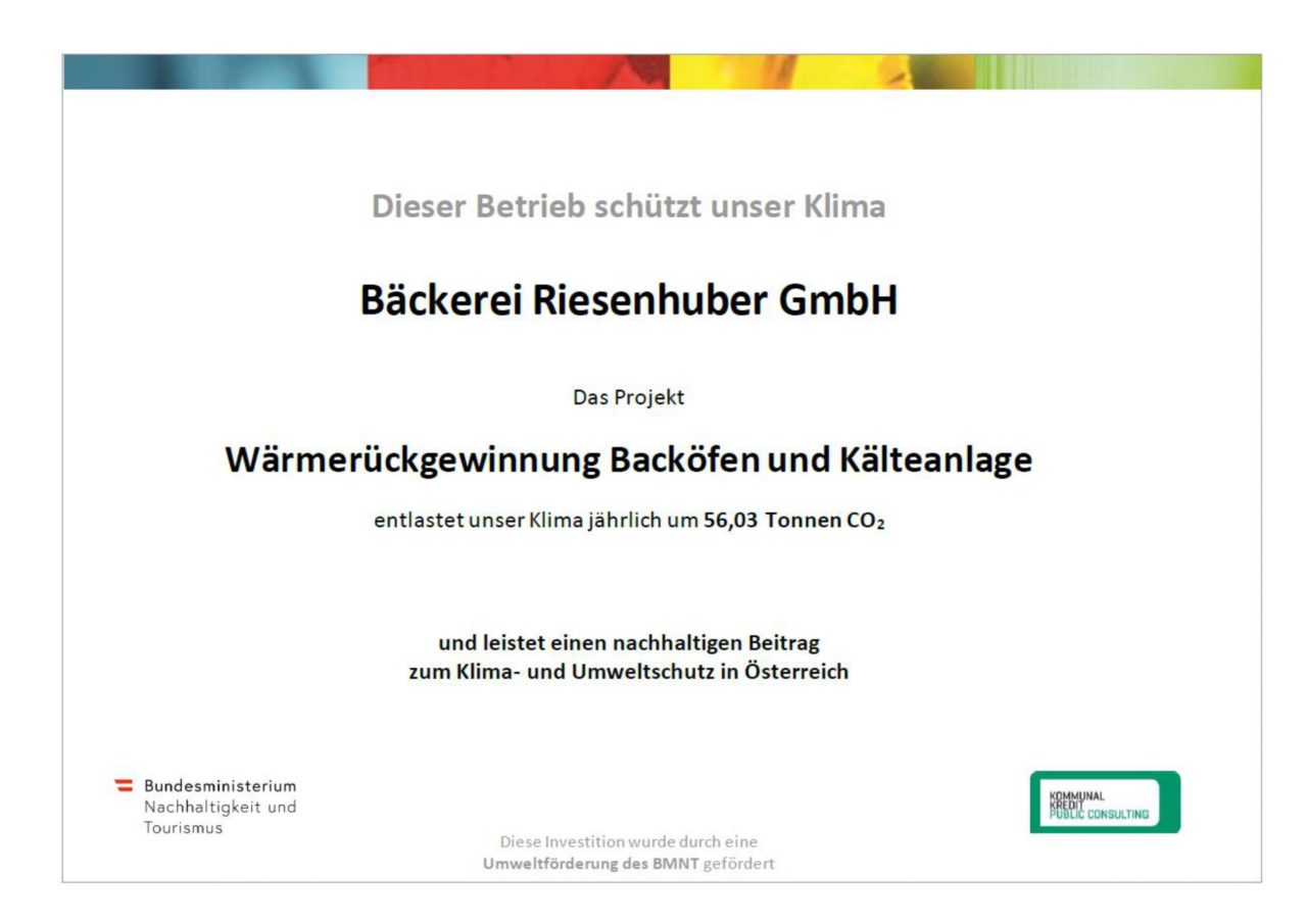 Zertifikat zur Wärmerückgewinnung von Backöfen und Kälteanlagen